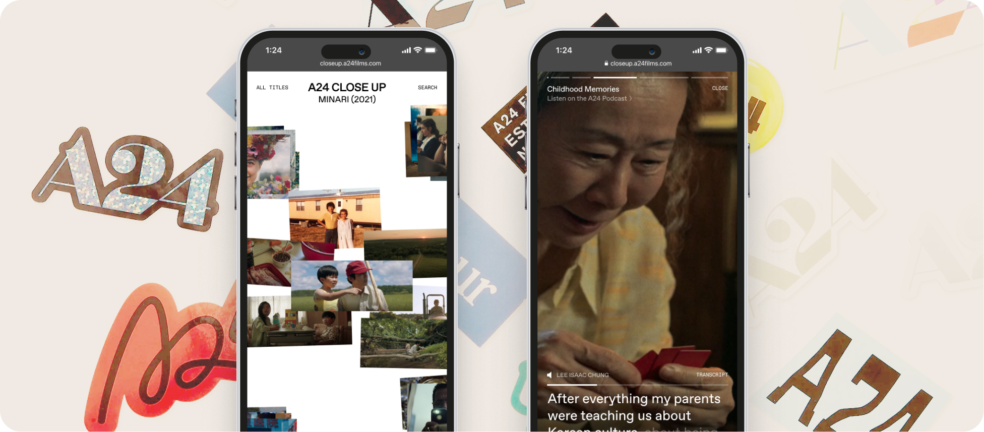 A24 Close Up app mockup showing two iPhones with the interface