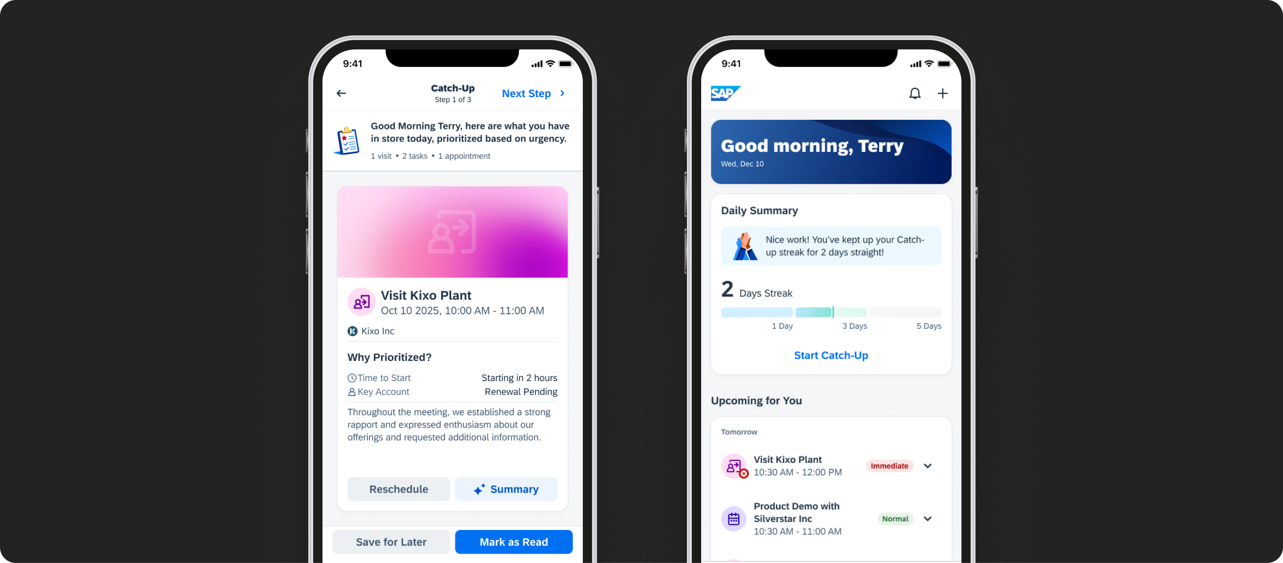 SAP Sales Cloud Daily Catch-Up — app screens